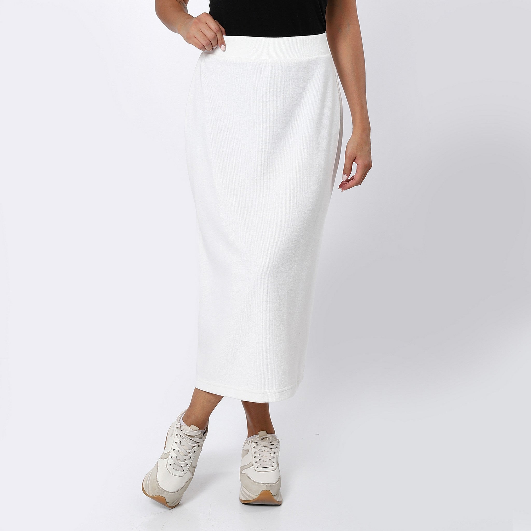 Mid-Long White Pencil Plain Skirt