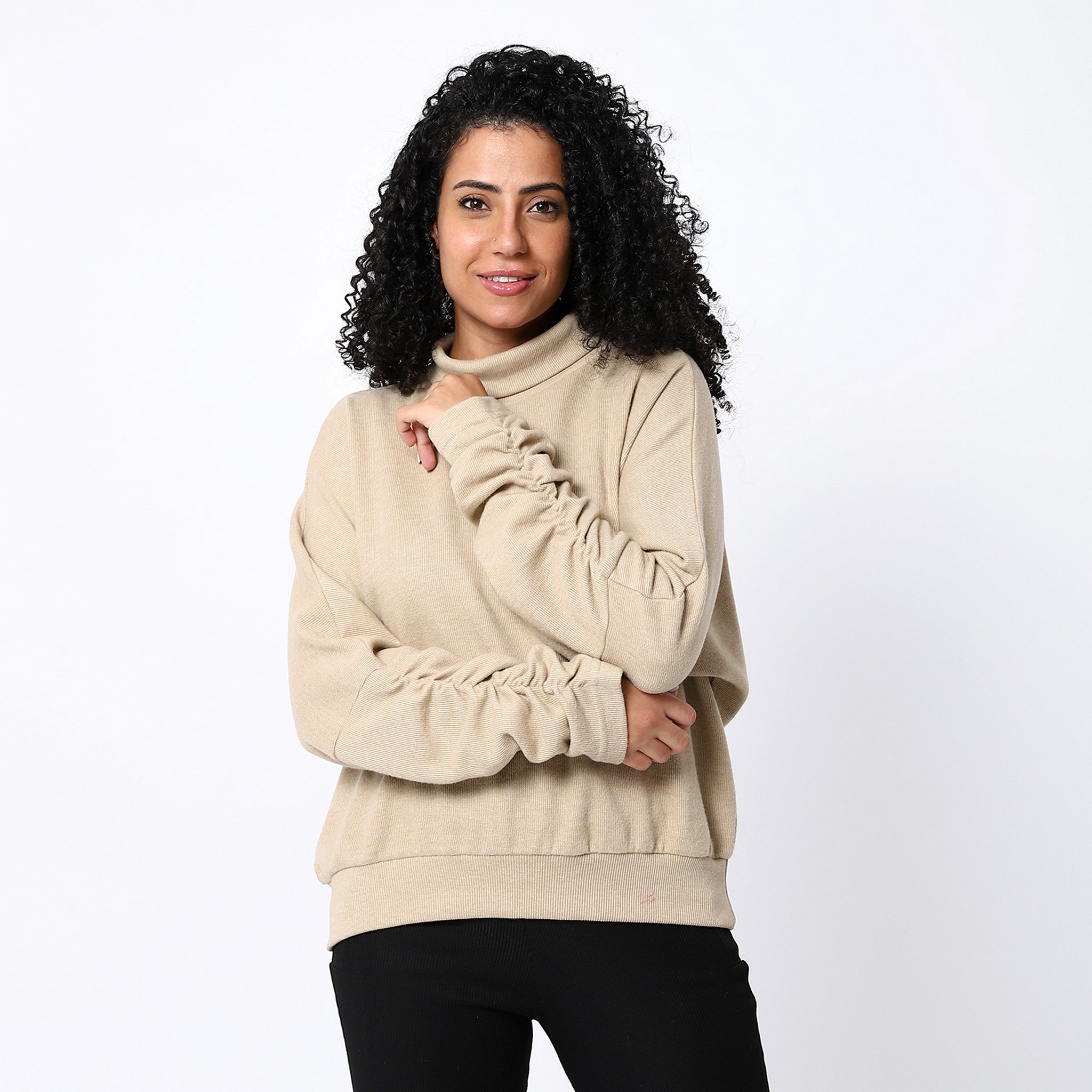 Turtle Neck Buff Beige Long Sweatshirt