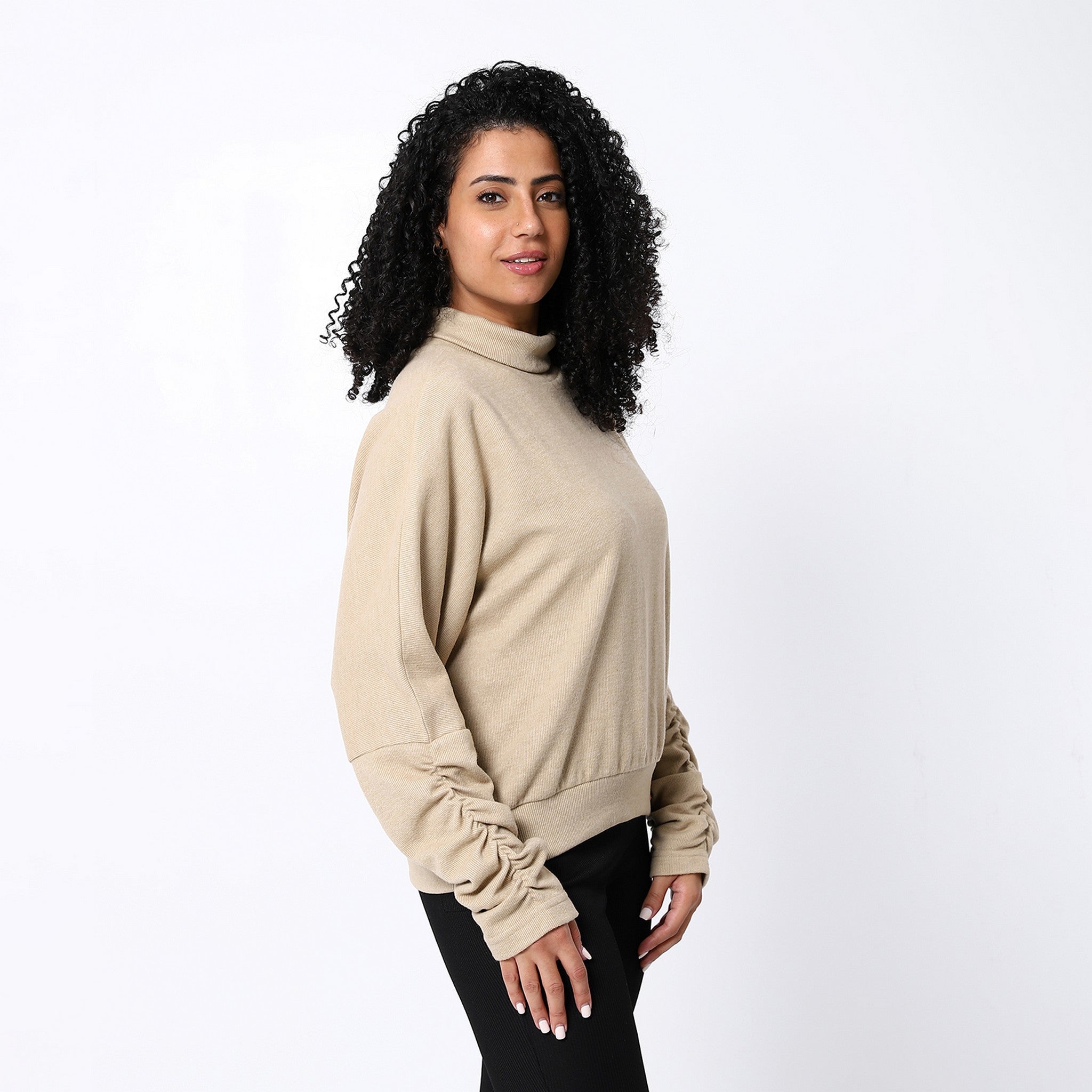 Turtle Neck Buff Beige Long Sweatshirt