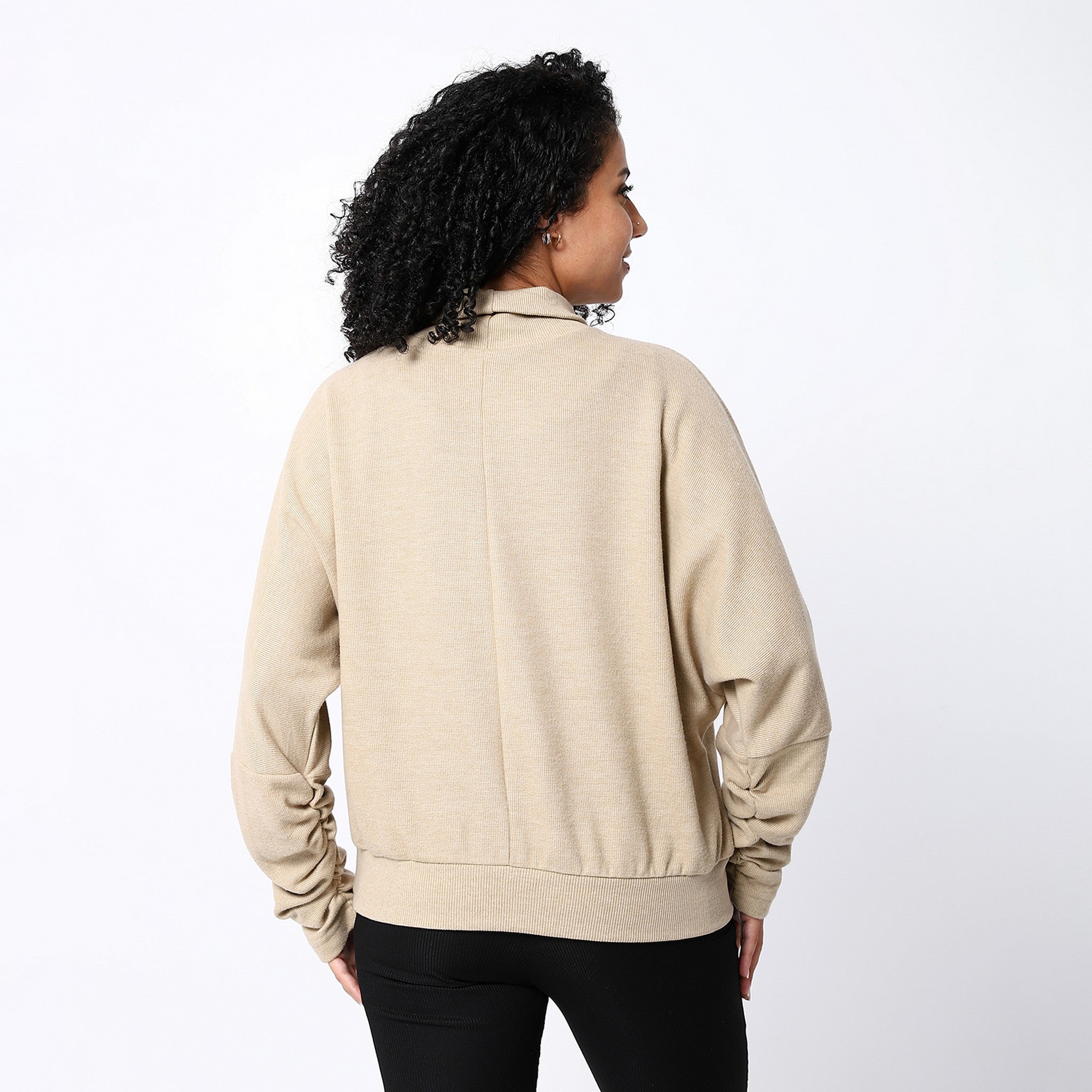 Turtle Neck Buff Beige Long Sweatshirt