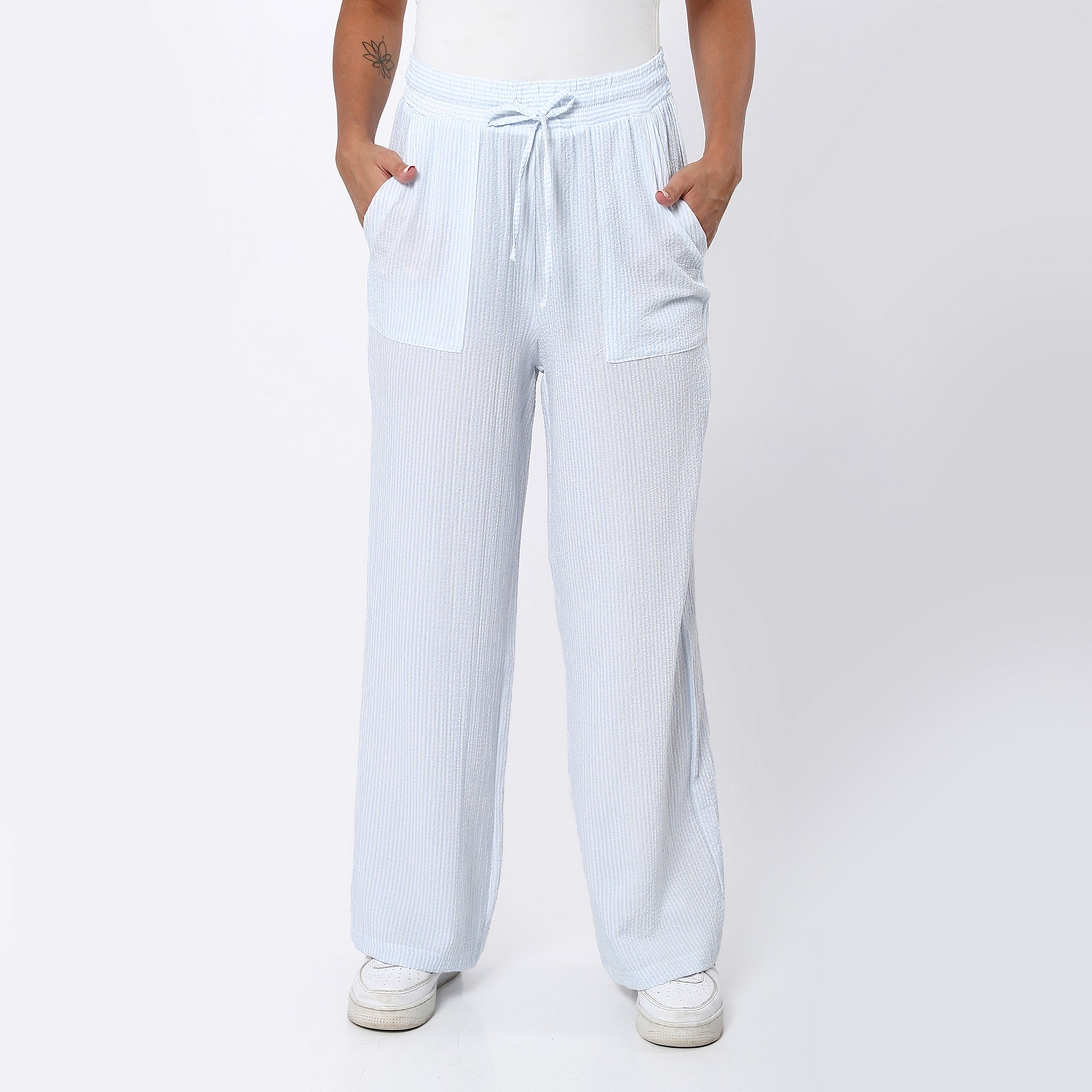 Sky Blue Ribbed Casual Pants