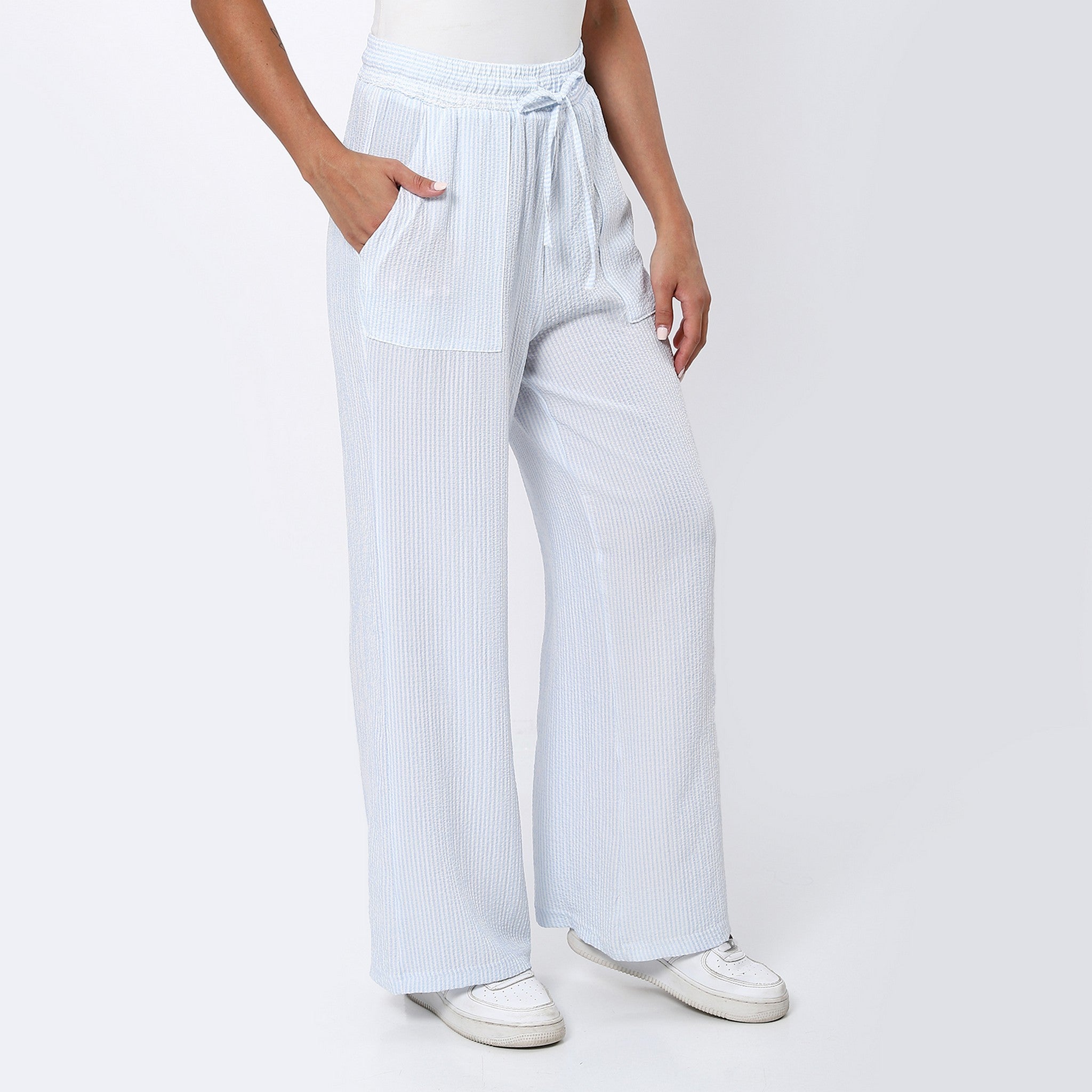 Sky Blue Ribbed Casual Pants