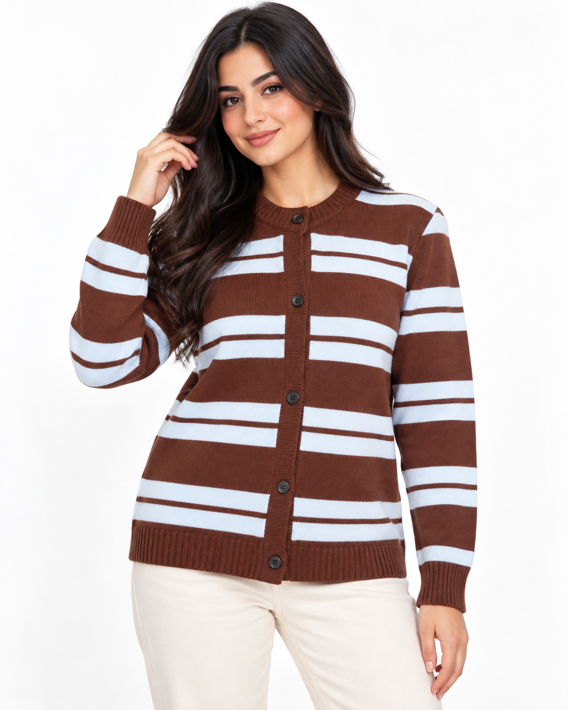 Women Stripped Pullover W/Buttons