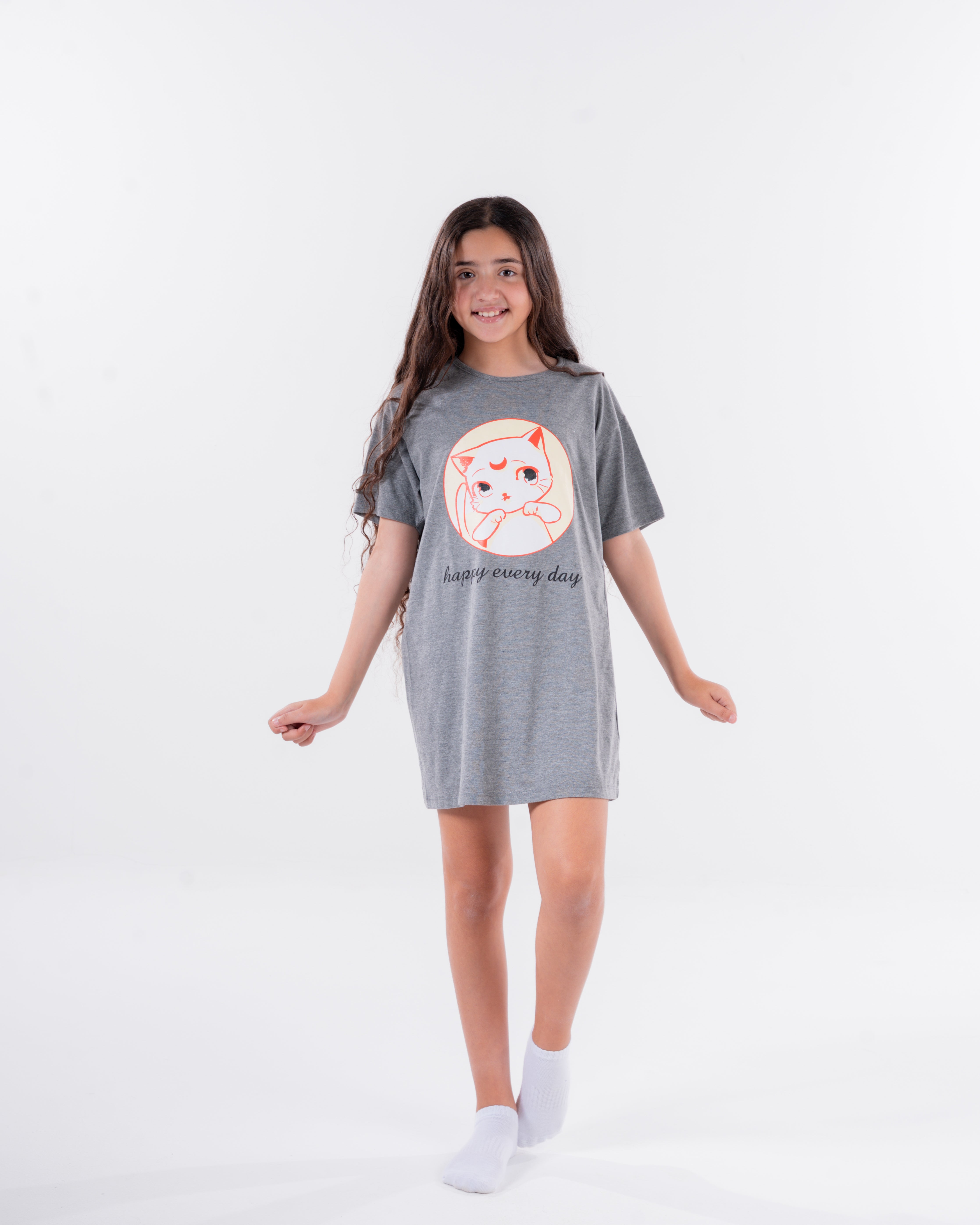 Girls Printed Cat Half Sleeves Nightgown