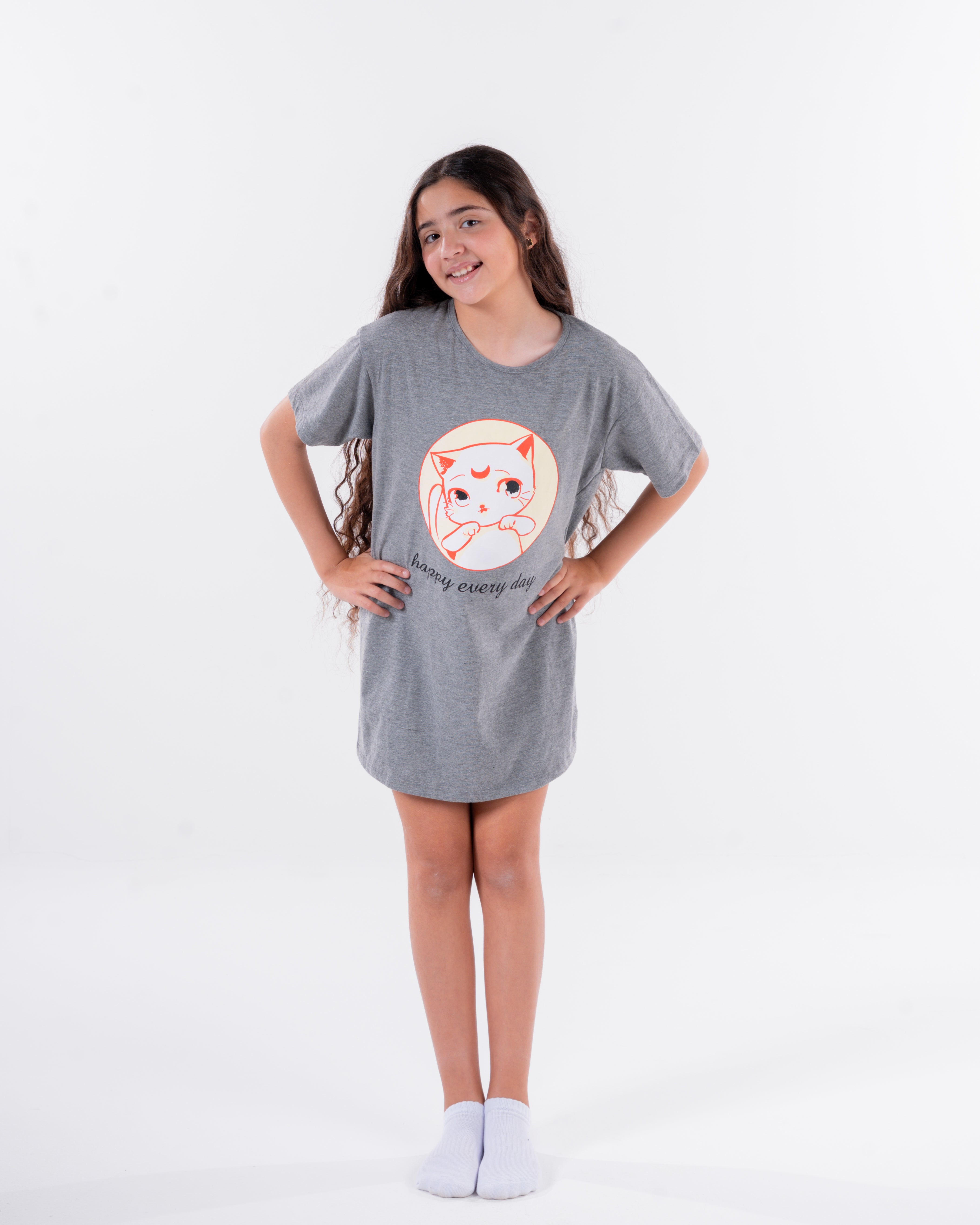 Girls Printed Cat Half Sleeves Nightgown