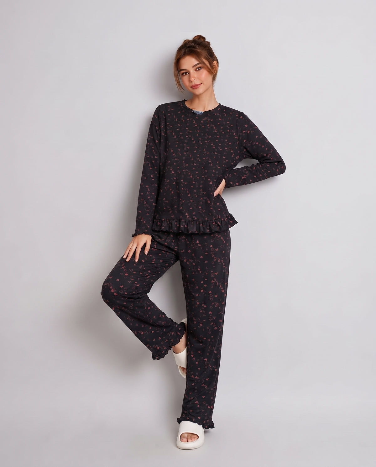 Women Sweet Hearts Ruffle Sleepwear Set