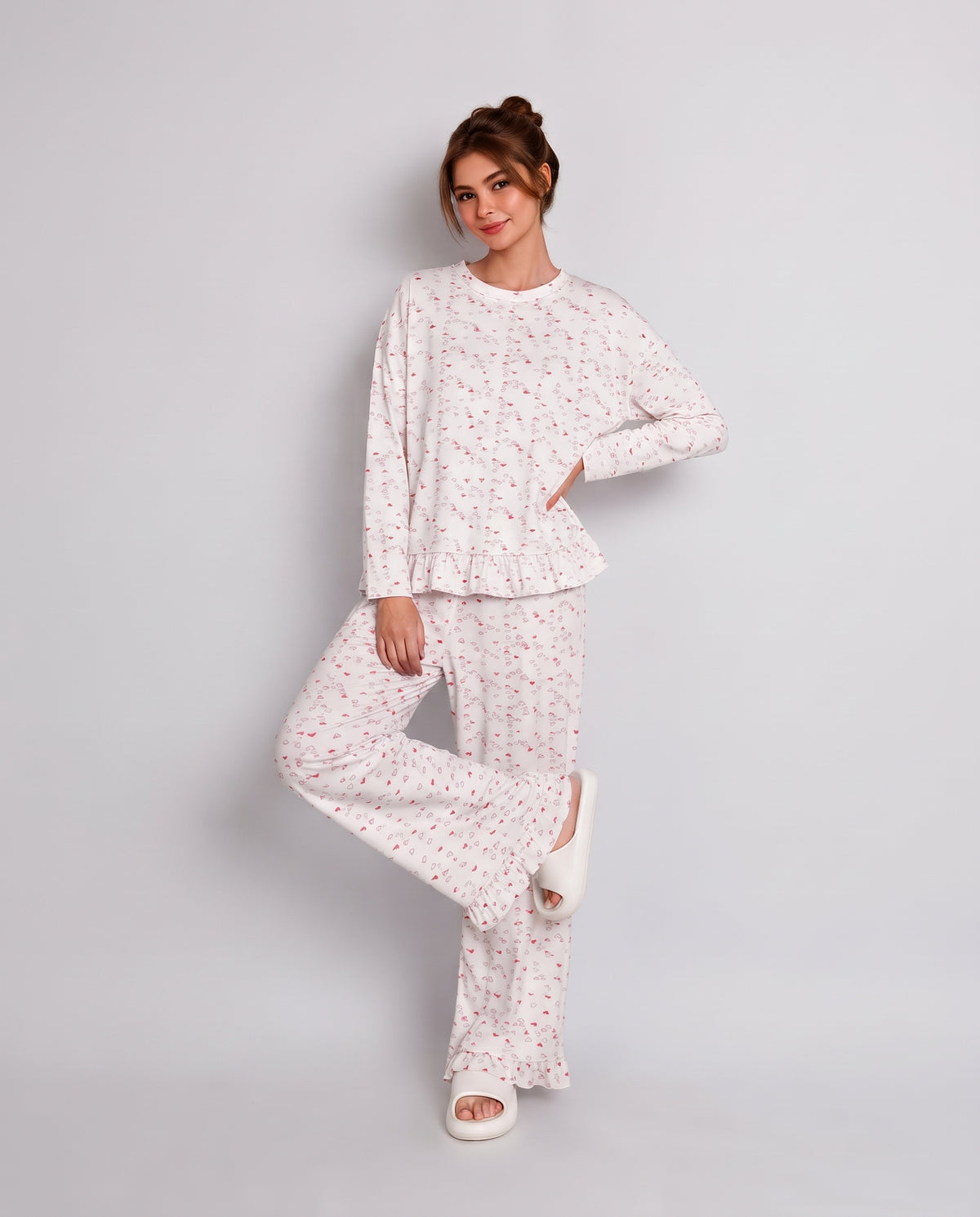 Women Sweet Hearts Ruffle Sleepwear Set