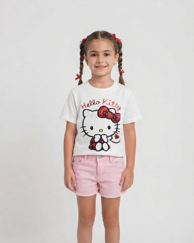 Girls Printed Hello Kitty Half Sleeves T-shirt