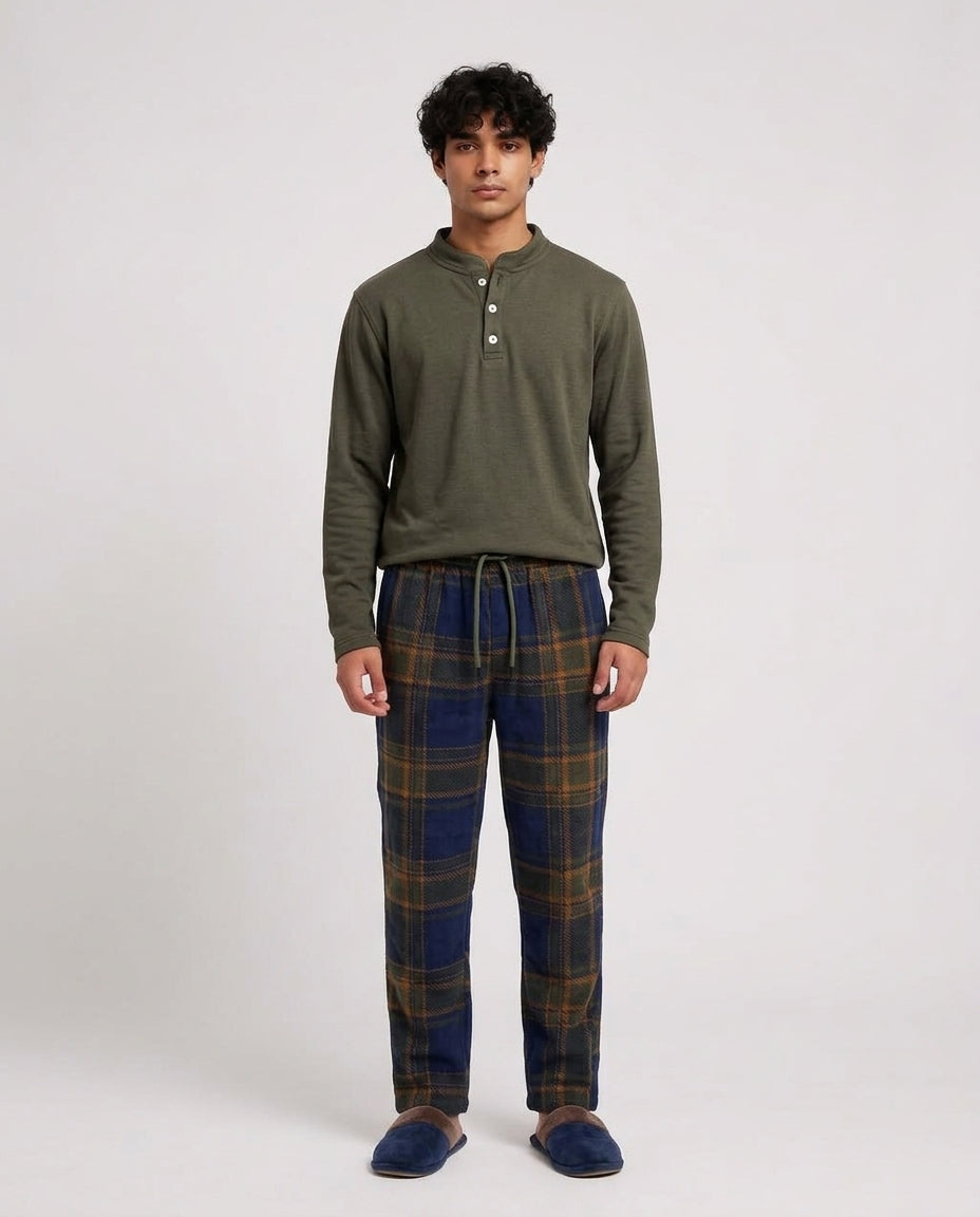 Men Plain Top Pyjama W/Plaid Pant