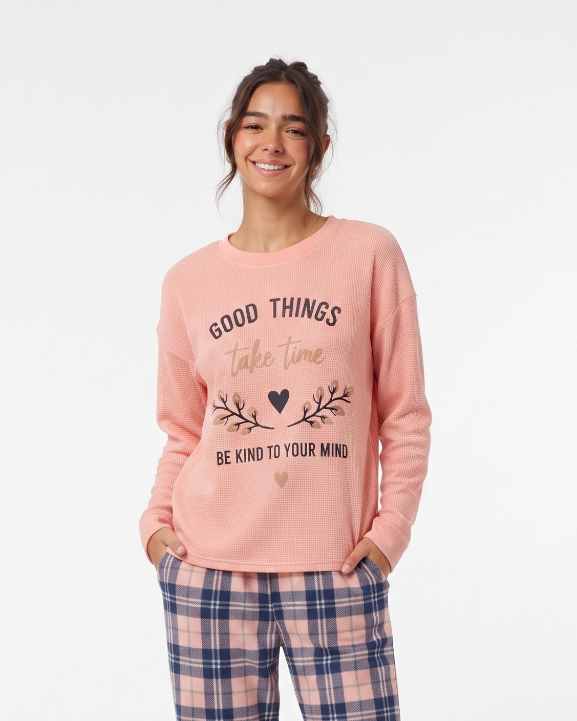 Women Long Sleeves Top W/Plaid Pant Pyjama