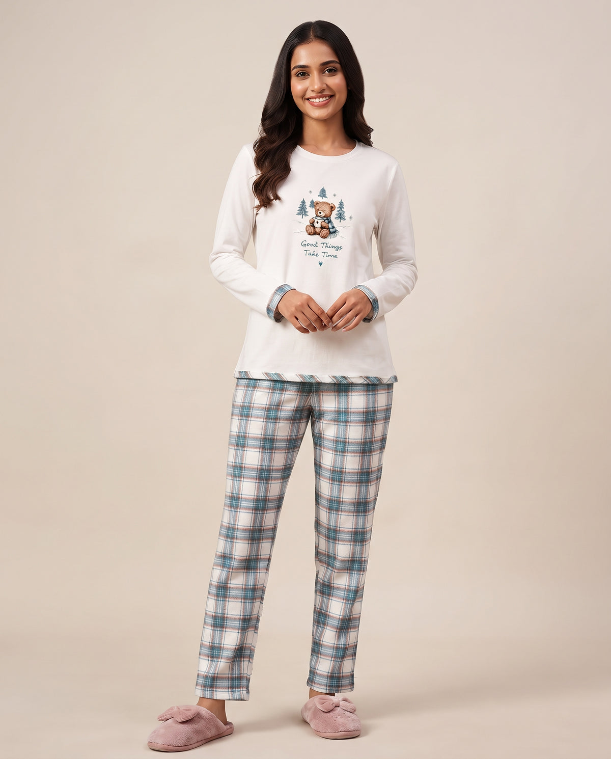 Women Printed Top Pyjama W/Plaid Pant