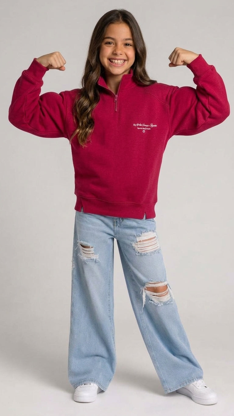 Girls Printed Sweatshirt with Half Zipper