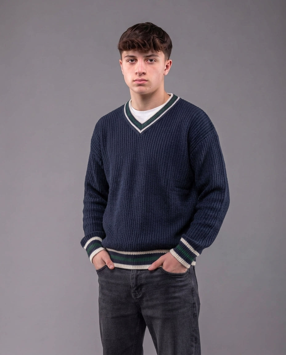 Men V Neck Pullover Stripped Sleeves