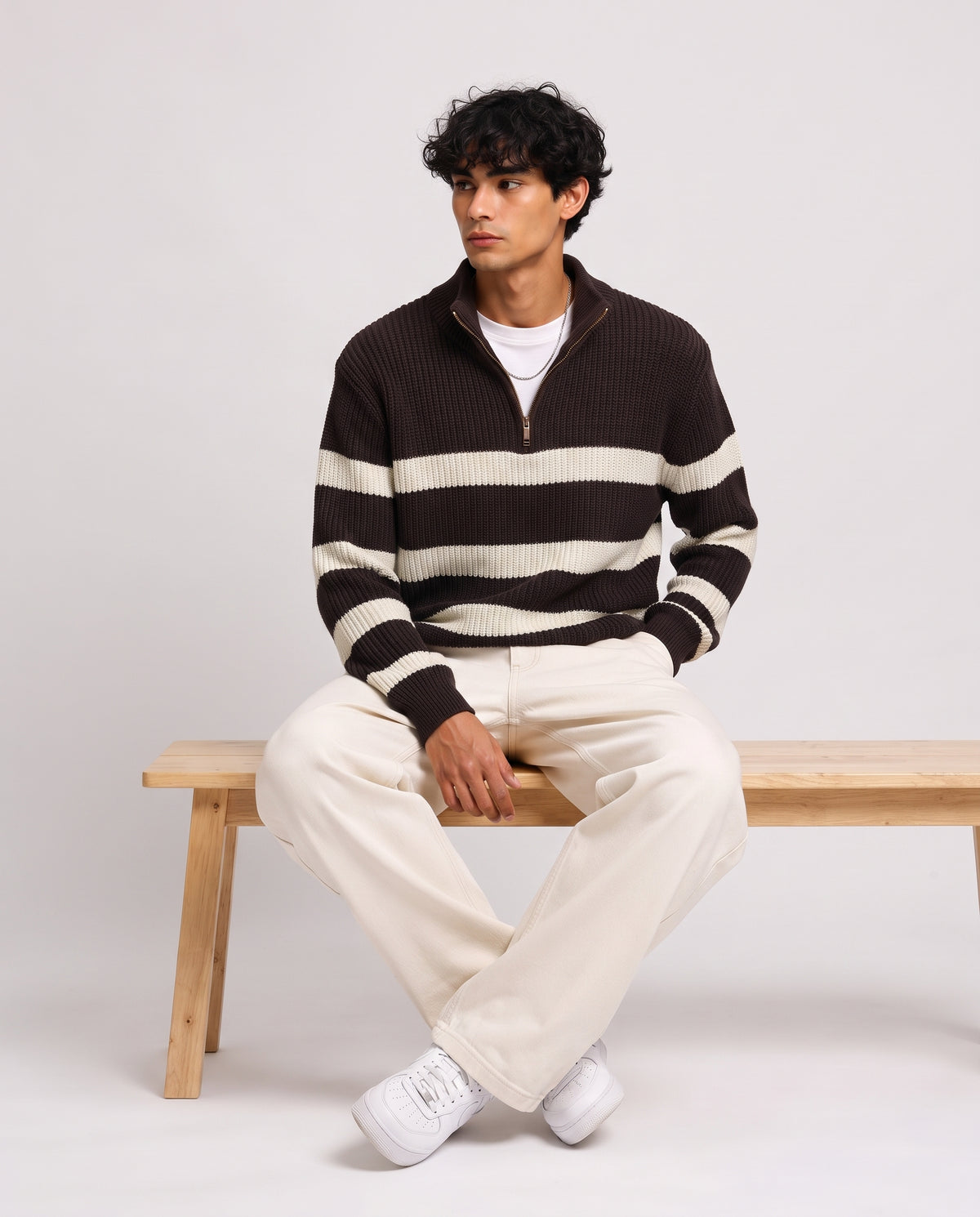 Men Stripped Half Zipper Pullover