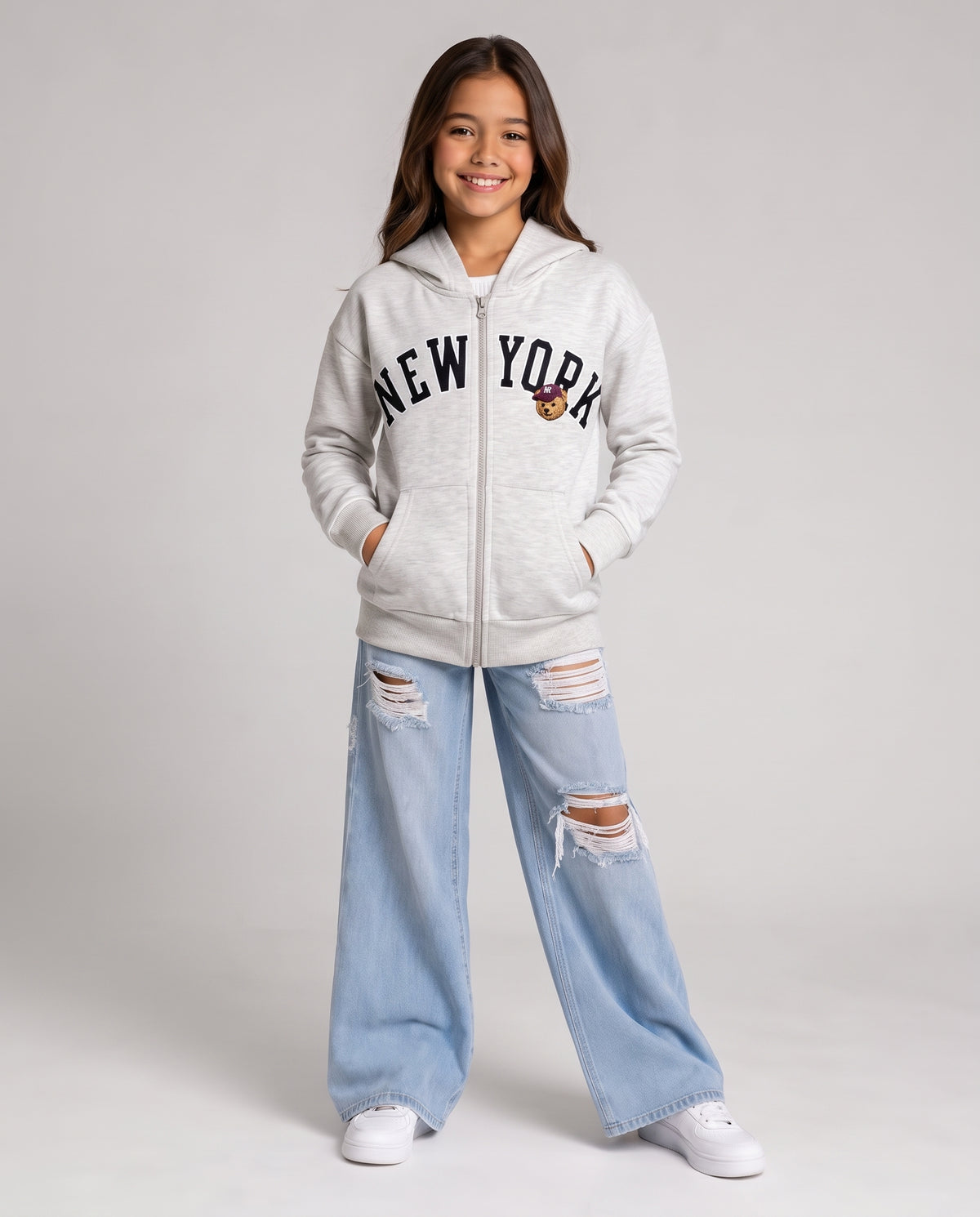 Girls Hodded Printed New York Sweatshirt W/Zipper