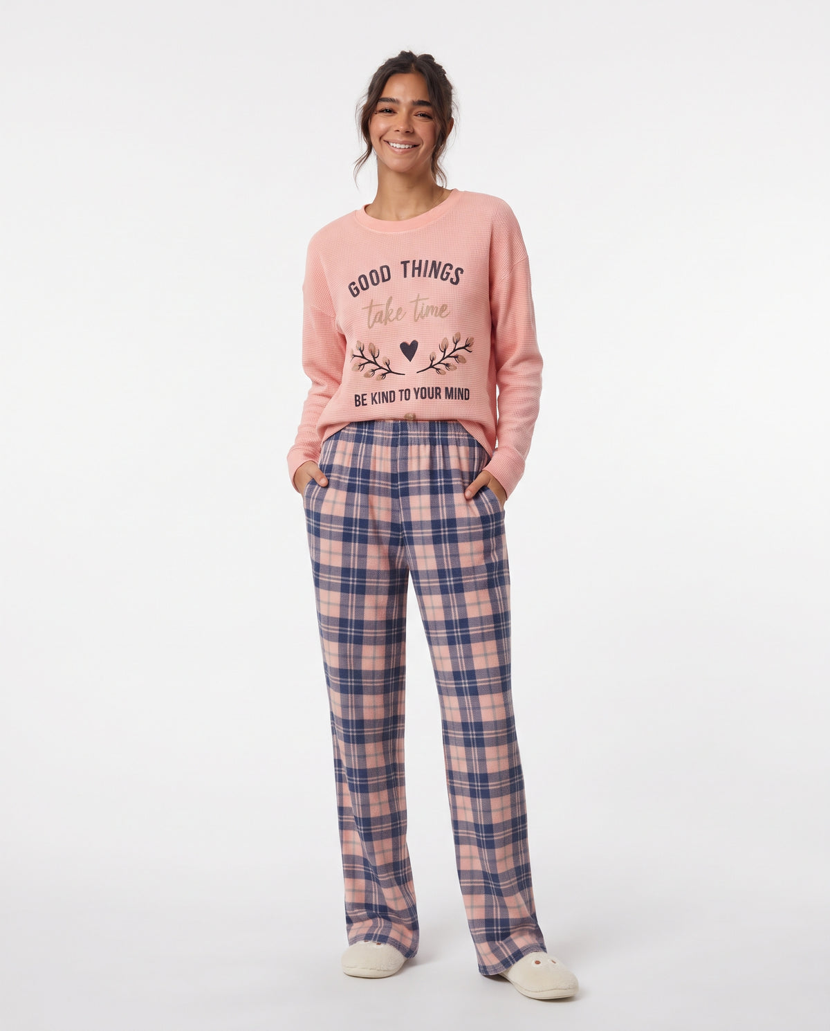 Women Long Sleeves Top W/Plaid Pant Pyjama
