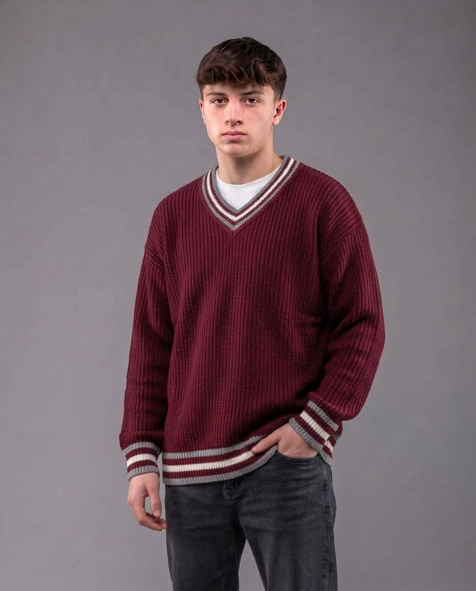 Men V Neck Pullover Stripped Sleeves