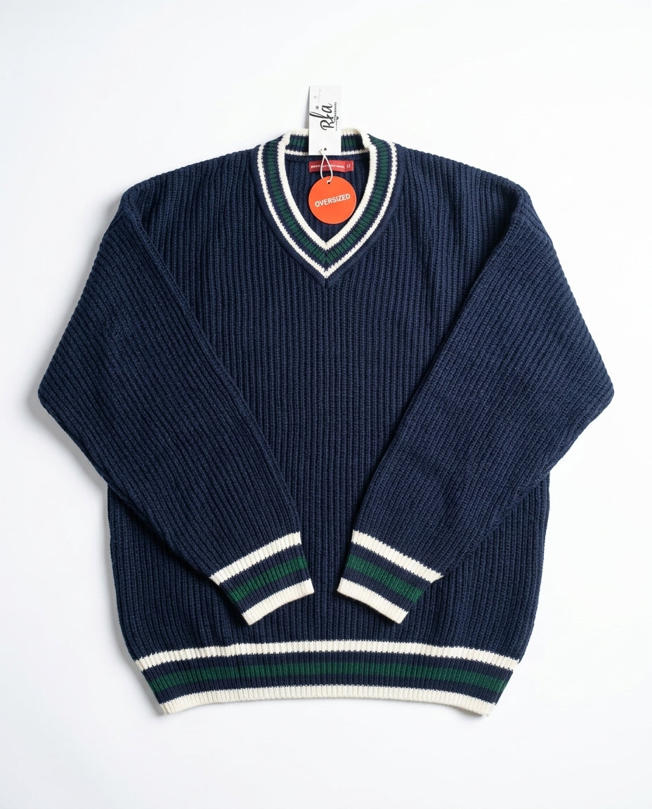 Men V Neck Pullover Stripped Sleeves