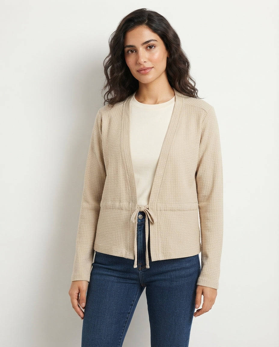 Waffle Knit Drawstring Cardigan