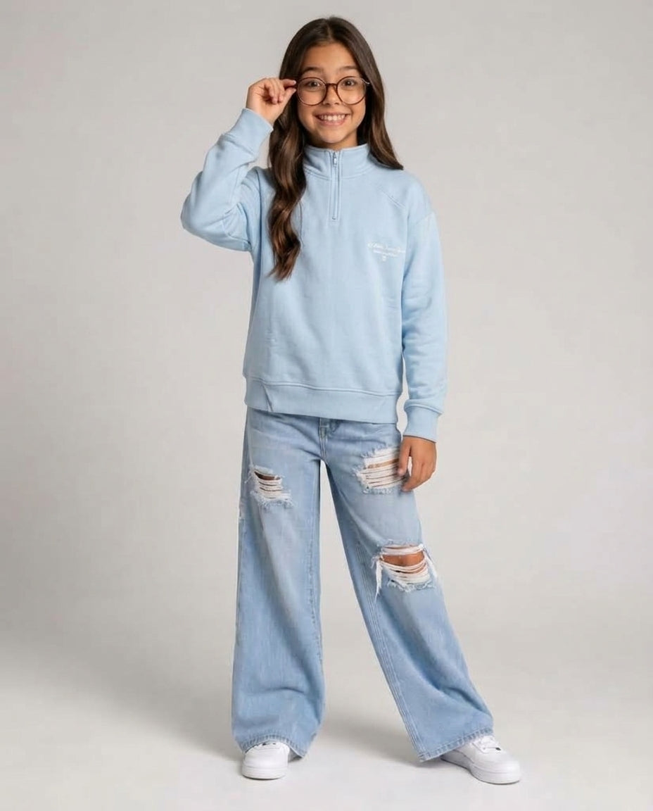 Girls Printed Sweatshirt with Half Zipper