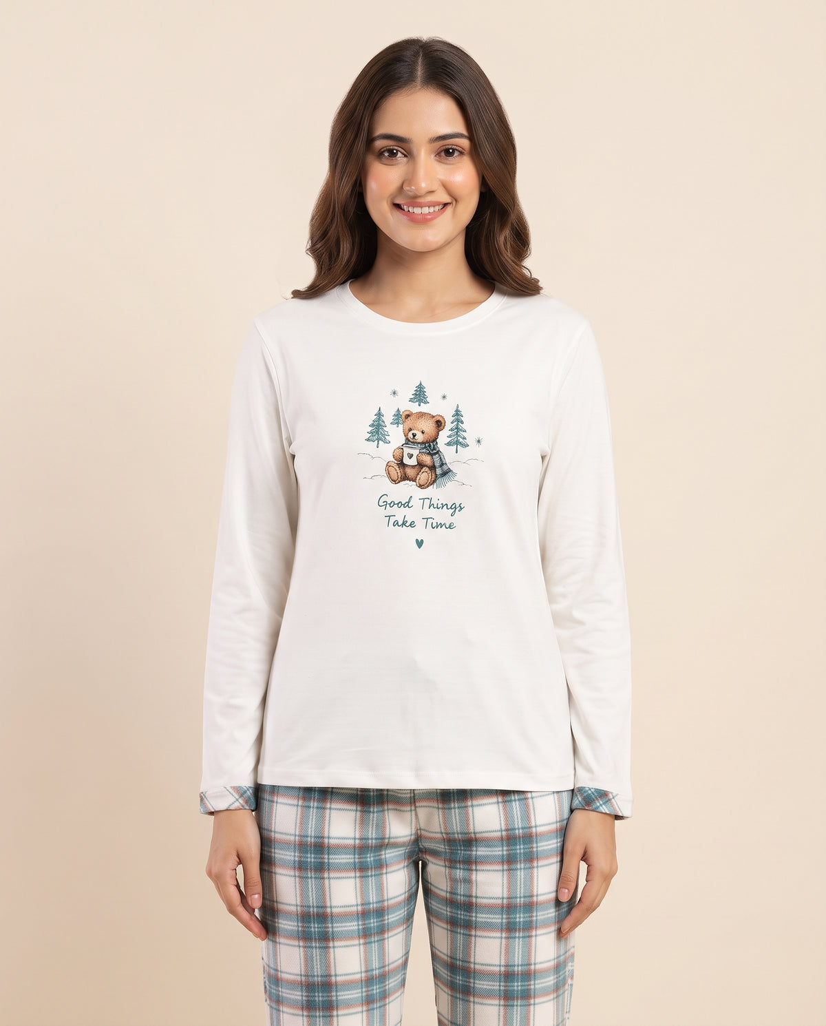Women Printed Top Pyjama W/Plaid Pant