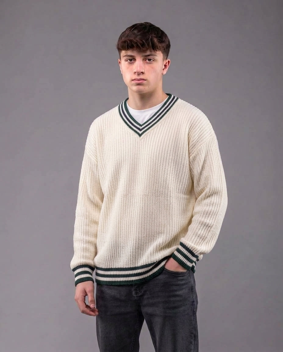Men V Neck Pullover Stripped Sleeves