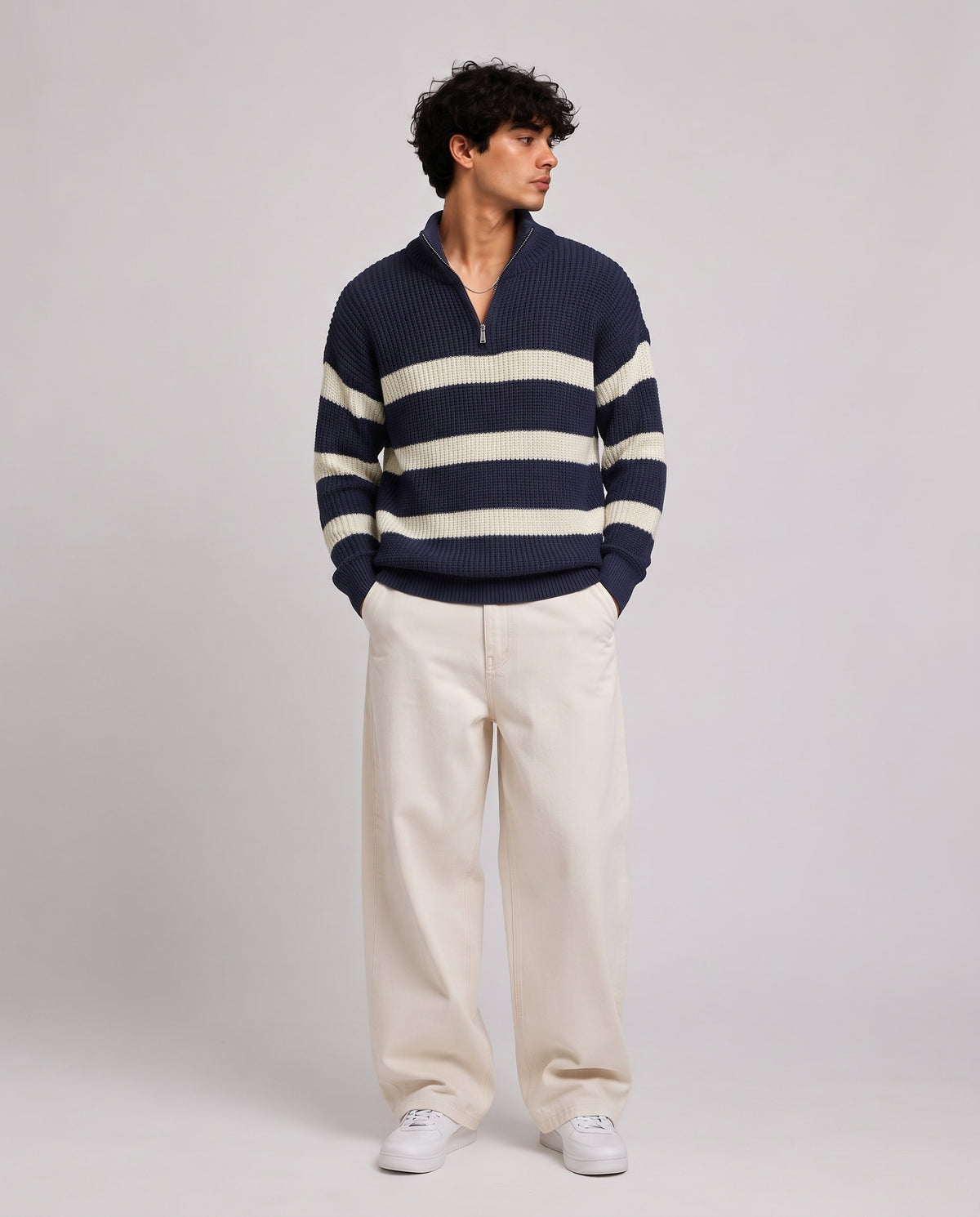 Men Stripped Half Zipper Pullover