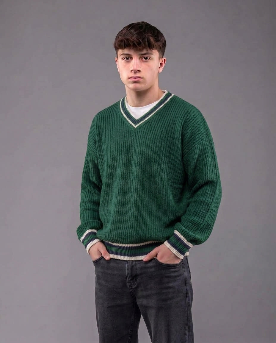 Men V Neck Pullover Stripped Sleeves