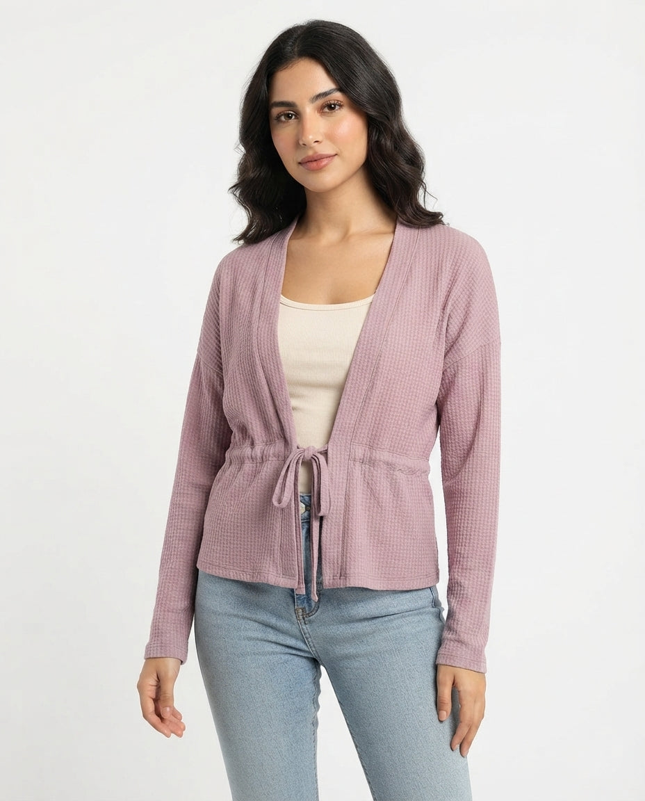Waffle Knit Drawstring Cardigan