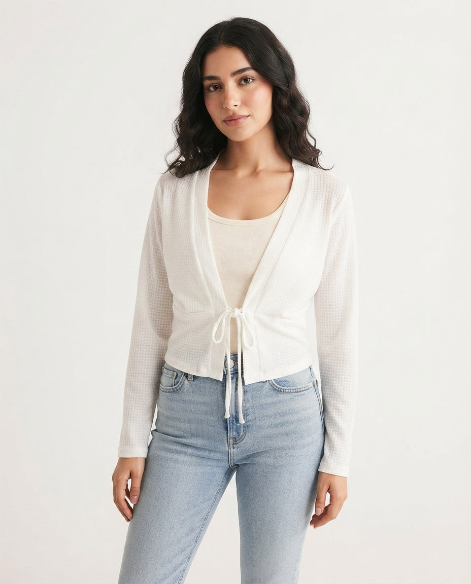 Waffle Knit Drawstring Cardigan