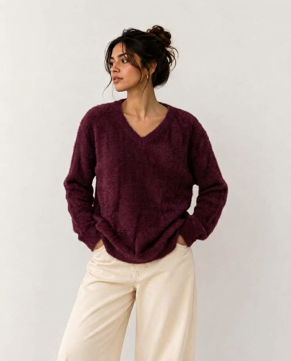 Women V Neck Mohair Pullover