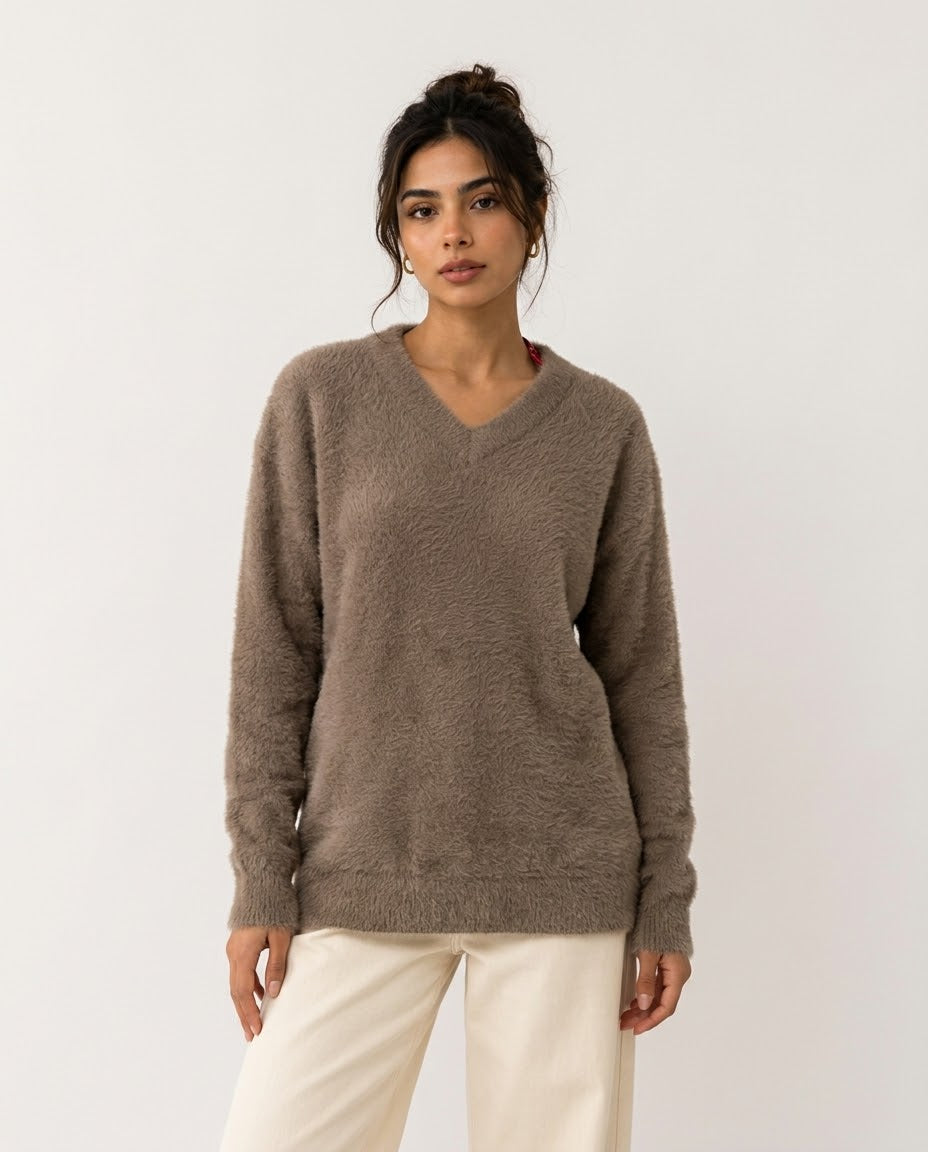 Women V Neck Mohair Pullover
