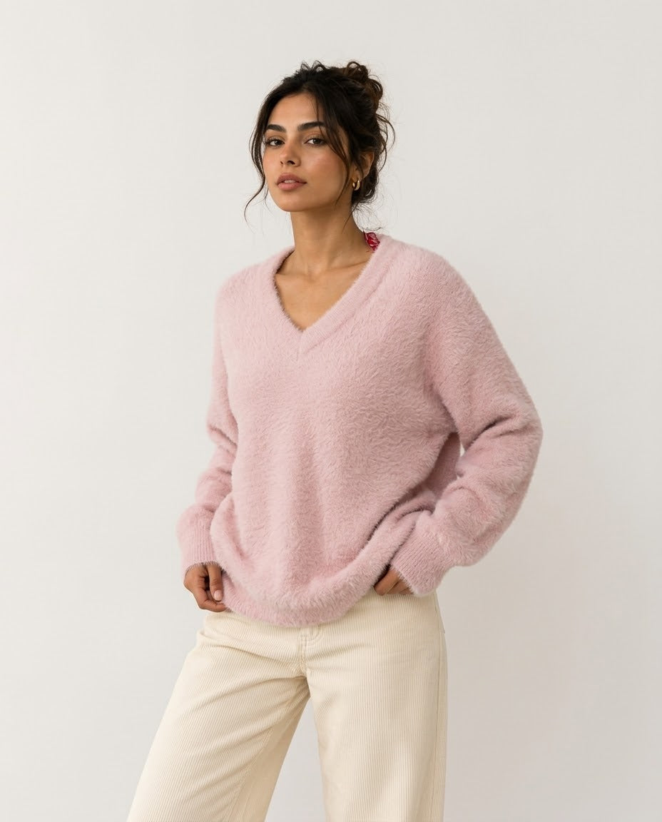 Women V Neck Mohair Pullover