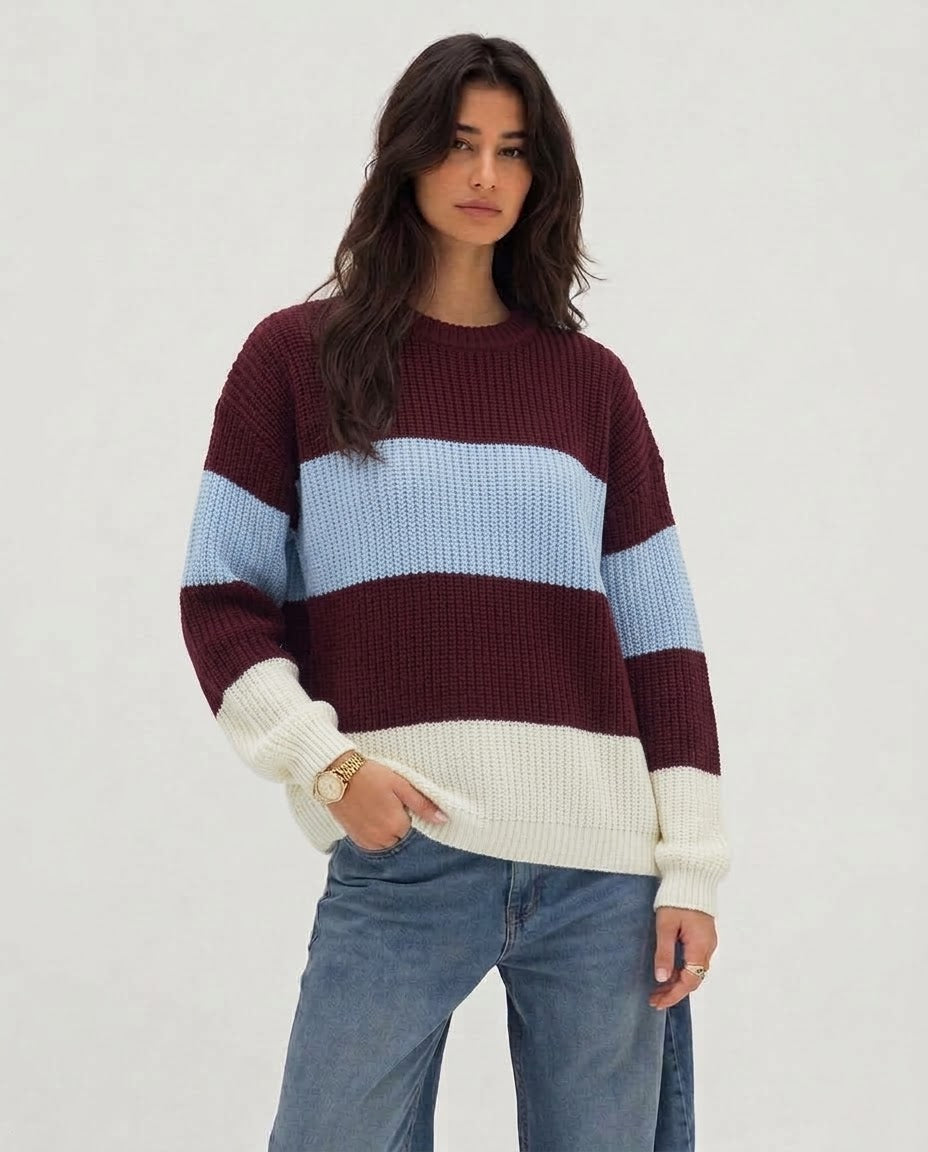Women Stripped Pullover Round Neck