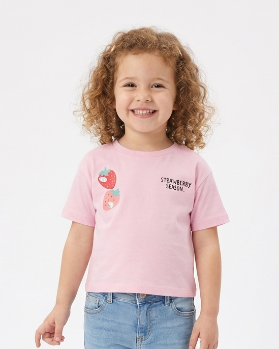 Girls Printed Strawberry Hald Sleeves T-shirt