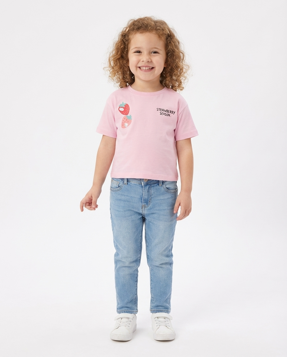 Girls Printed Strawberry Hald Sleeves T-shirt