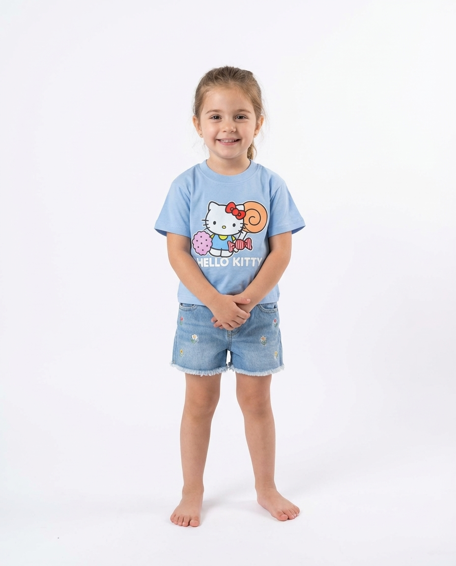 Girls Printed Kitty Half Sleeves T-shirt