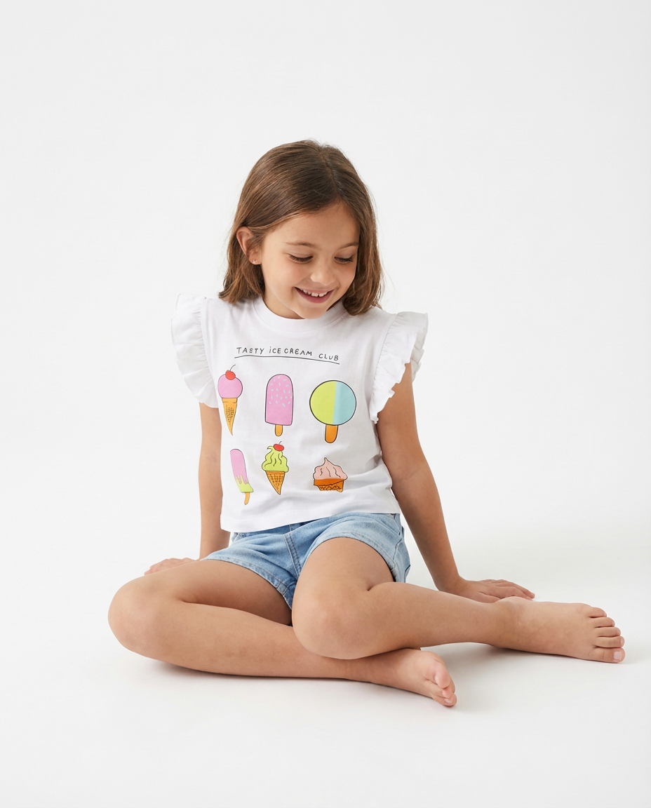 Girls Half Sleeves Printed Ice Cream T-Shirt