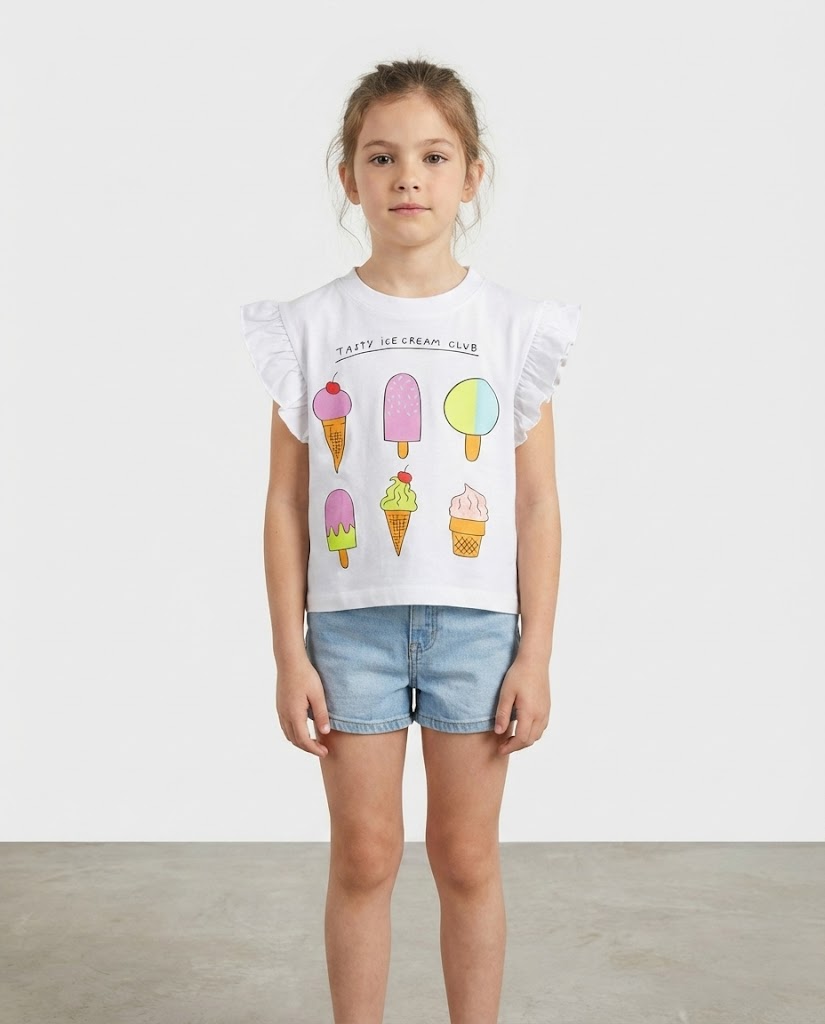 Girls Half Sleeves Printed Ice Cream T-Shirt