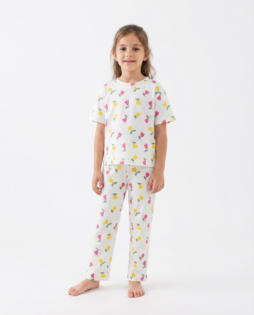 Girls Printed Flowers Half Sleeves Pyjama