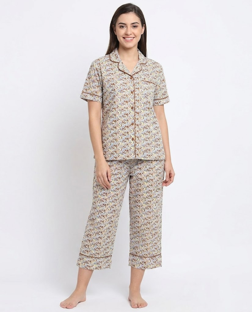 Women’s Short Sleeve Button Pajama Set with Pants