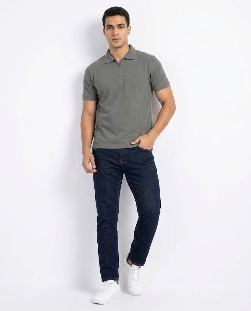 Men Plain Half Sleeves Polo T-shirt W/zipper