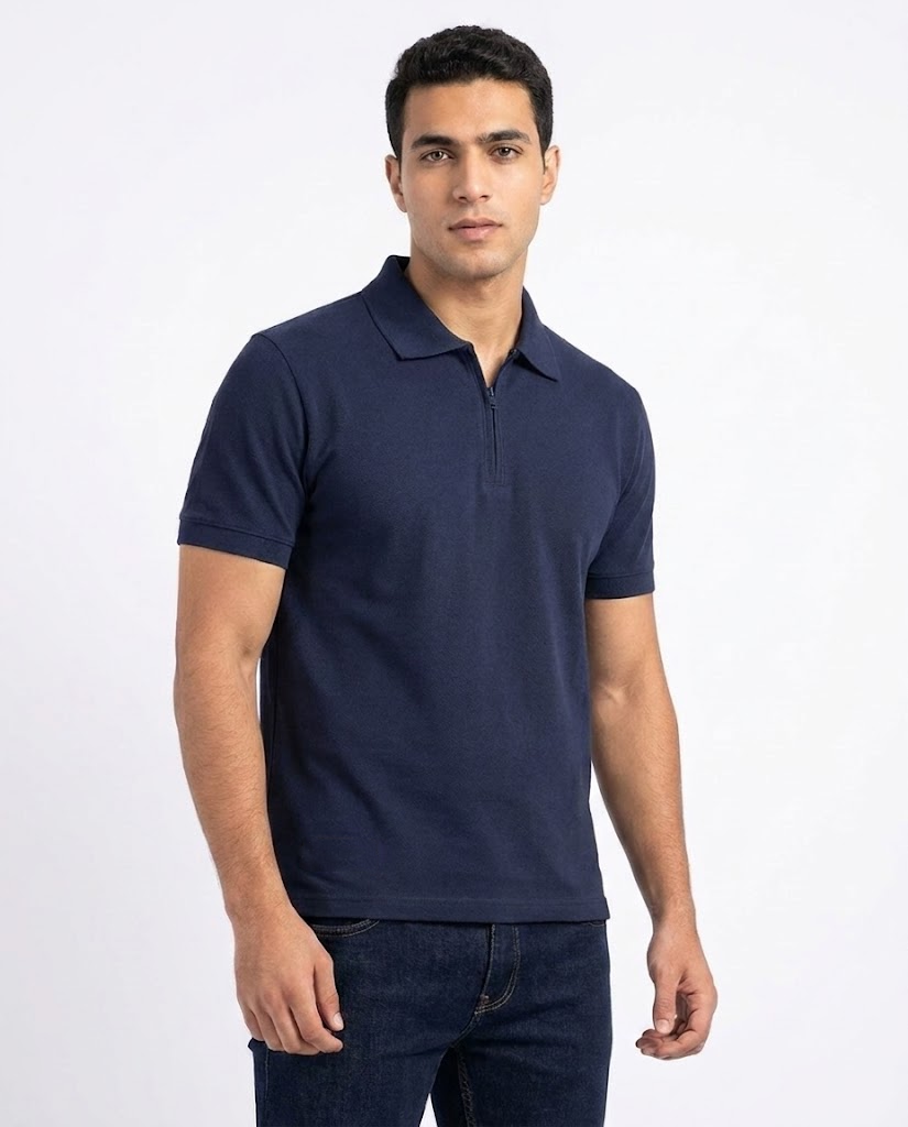 Men Plain Half Sleeves Polo T-shirt W/zipper