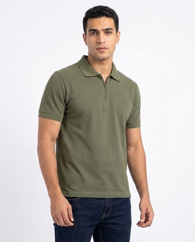 Men Plain Half Sleeves Polo T-shirt W/zipper