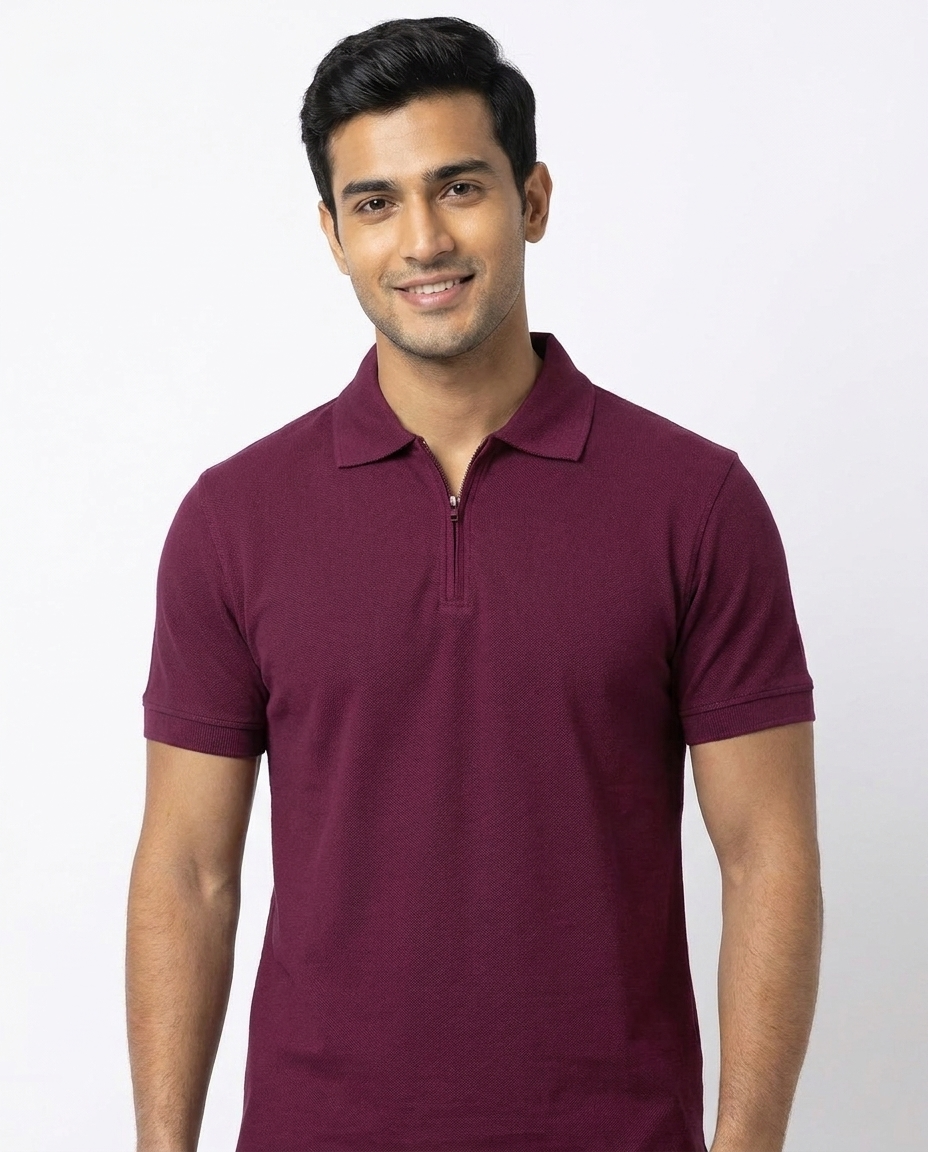 Men Plain Half Sleeves Polo T-shirt W/zipper