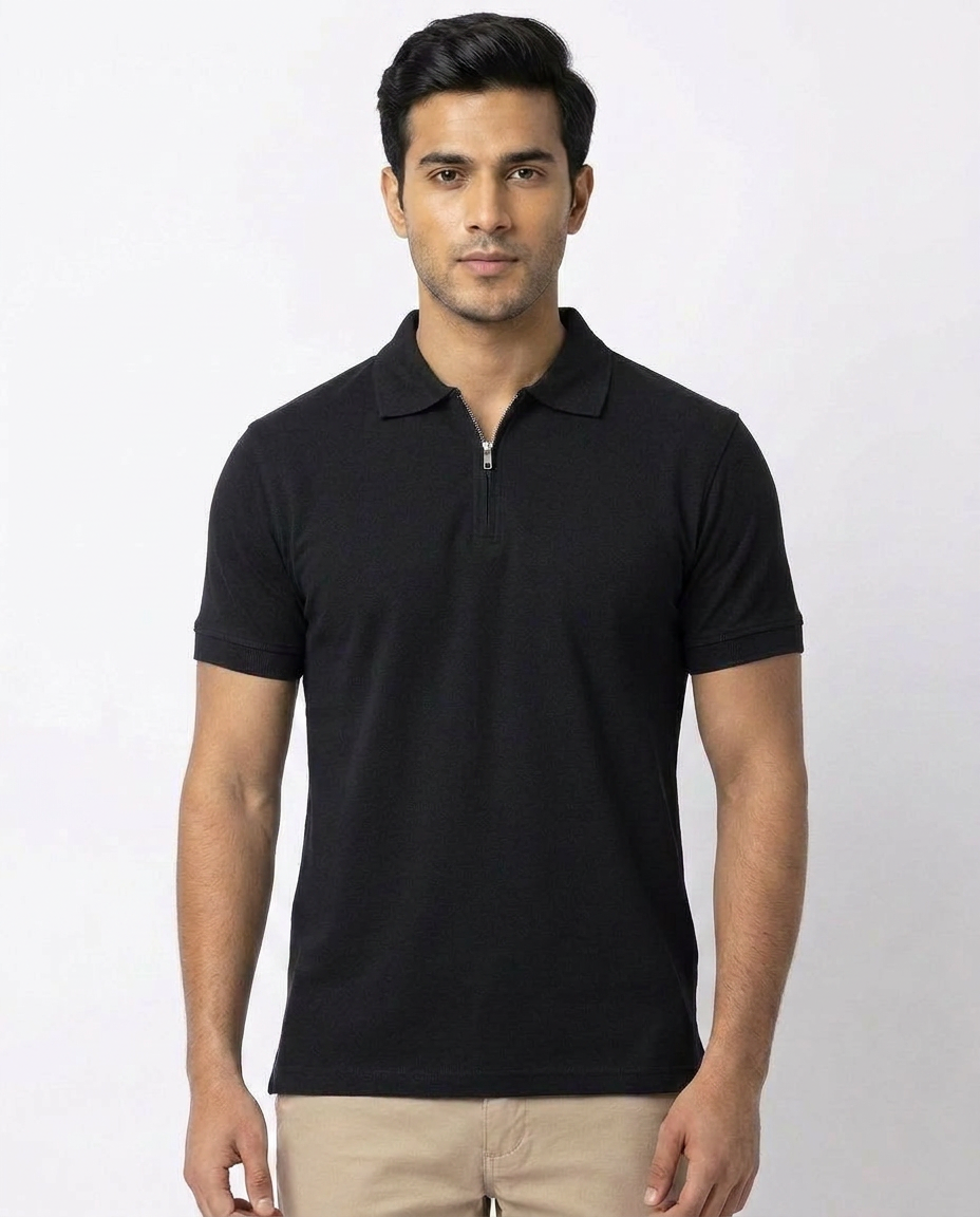 Men Plain Half Sleeves Polo T-shirt W/zipper