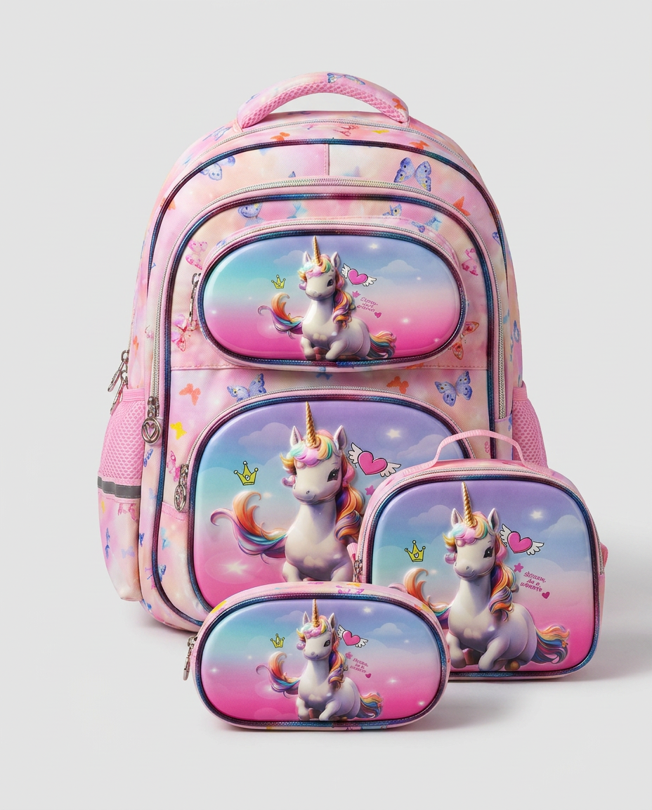 Pink Unicorn School Bag Set with Lunch Bag & Pencil Case