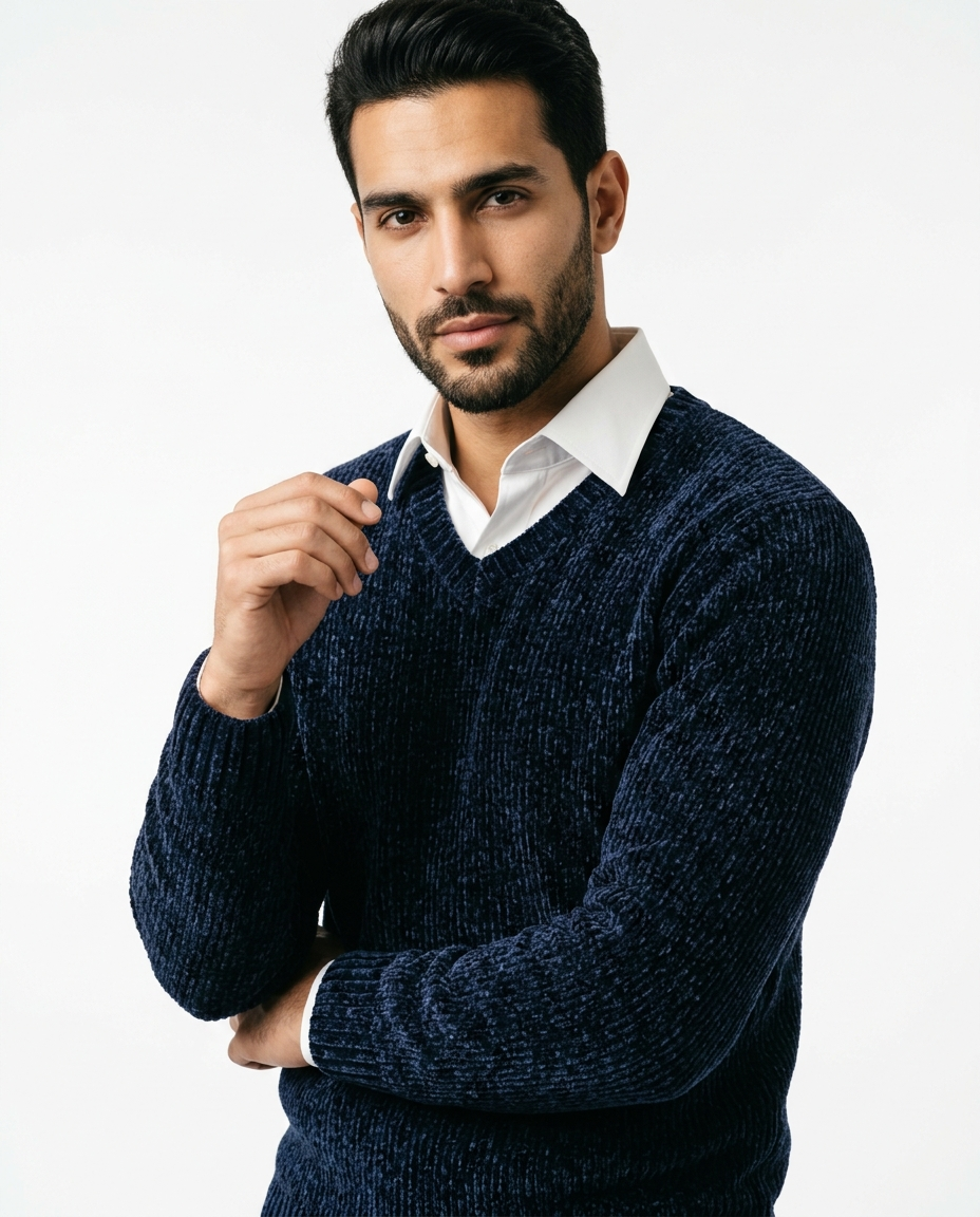 Men Plain Velour Pullover V Neck